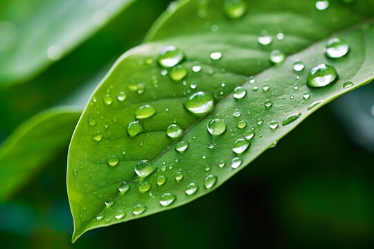 Beautiful large clear raindrops on green leaf macro, morning dew drops glowing in the sun, beautiful leaf texture in nature, natural background.