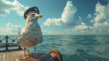 A suave seagull perched on a seaside pier.