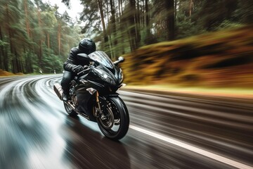 A black motorcycle speeding down a winding road.