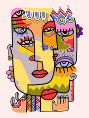 Abstract face person portrait geometric, doodle, decorative, line art, hand drawn vector illustration. Collection for art print, wall art, poster, cover and decoration.