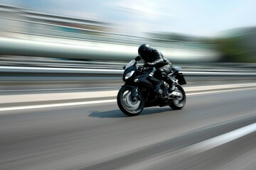 A black motorcycle speeding down a winding road.