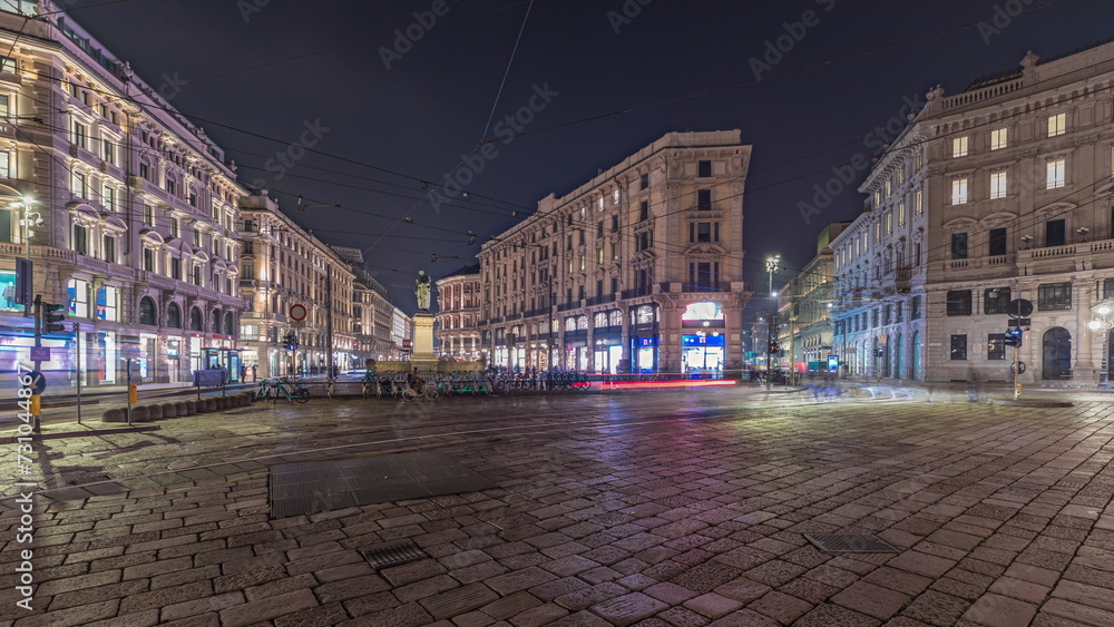 Wall mural Panorama showing the Cordusio Square night timelapse in Milan