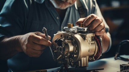 An engineer adjusting the carburetor for optimal fuel-air mixture - obrazy, fototapety, plakaty