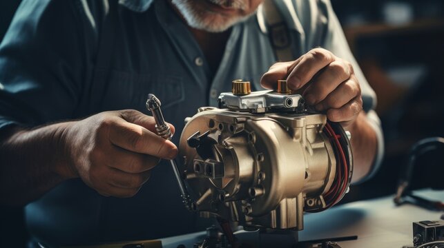 An engineer adjusting the carburetor for optimal fuel-air mixture