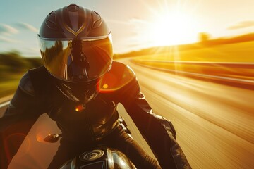 A motorcyclist speeds down the highway wearing a sleek crash helmet.