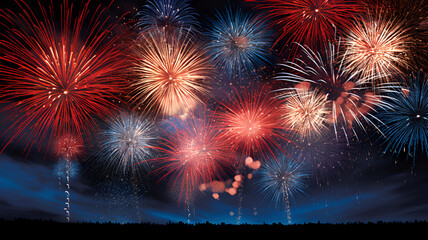 An image of sparkling fireworks, with the composition focused on fireworks bursting in warm
