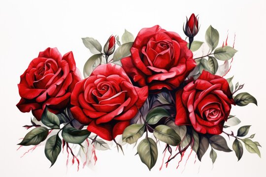 A visually striking painting showcasing vibrant red roses against a clean white backdrop.
