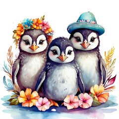 Fototapeta premium Watercolor illustration portrait of a cute adorable penguins with flowers on isolated white background. 