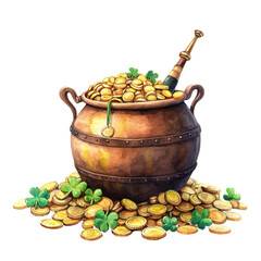 A pot with golden coins, a symbol of Irish St Patrick's Day luck and wealth