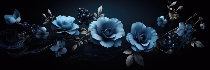 This photo captures a collection of blue flowers placed against a black backdrop, showcasing their vibrant color and contrast.
