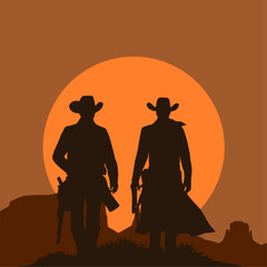 Vektor Silhouette Körper zwei Cowboys - Western Landschaft Arizona bei Sonnenuntergang - Kultur Amerika