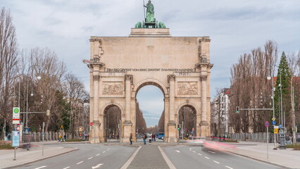The Siegestor or Victory Gate in Munich is a memorial arch, crowned with a statue of Bavaria with a lion quadriga timelapse. Germany