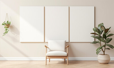 Mockup of three empty frames, modern design, mockup for picture advertising, living room