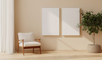 Mockup of two empty frames, modern design, mockup for advertising paintings, living room