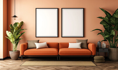 Mockup of two empty frames, modern design, mockup for advertising paintings, living room