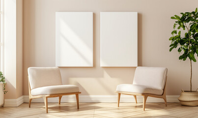 Mockup of two empty frames, modern design, mockup for advertising paintings, living room