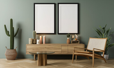 Mockup of two empty frames, modern design, mockup for advertising paintings, living room