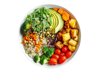 on top of a Buddha bowl, showcasing a nutritious assortment of quinoa, roasted vegetables, avocado and a dash of tahini for a healthy vegetarian food concept.