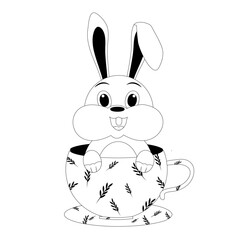 rabbit in a cup. Outlines rabbit. Bunny inside a cup. easter bunny. green cup with flower motifs. black & white. Funny cartoon easter. Illustration greeting card. Minimal bunny - stock vector