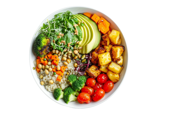 on top of a Buddha bowl, showcasing a nutritious assortment of quinoa, roasted vegetables, avocado and a dash of tahini for a healthy vegetarian food concept.