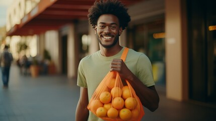 A young African American hipster walks along a city street, adopting a green lifestyle and showing commitment to zero waste while grocery shopping.