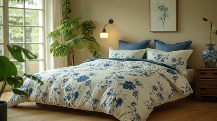 a bed with a blue and white comforter in a room with a potted plant on the side of the bed.