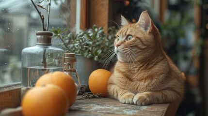 Fototapeta na wymiar an orange tabby cat sitting on a window sill next to oranges and a bottle of orange juice.