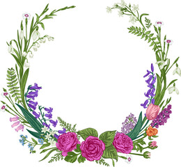 Flower wreath. Botanical illustration. Vintage style. Wedding invitation. Colorful. - 731048417