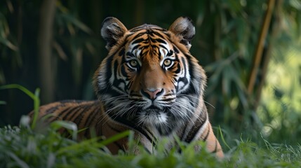Naklejka premium Majestic tiger lounging in lush greenery, vivid wildlife portrait in natural habitat, captivating animal gaze. AI