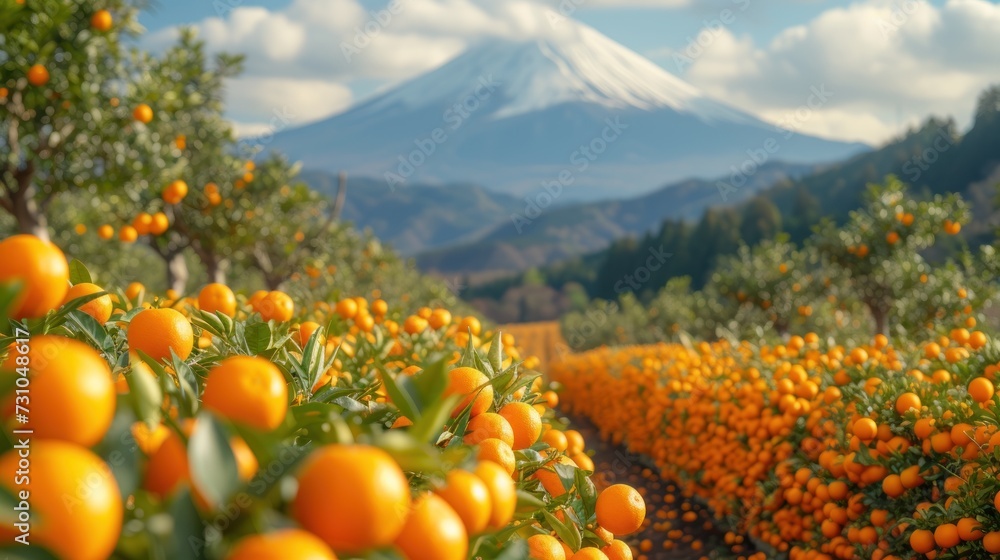 Poster a field of oranges in front of a mountain with a snow - capped mountain in the backgroud.