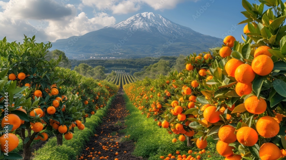 Aufkleber a field full of oranges with a mountain in the backgrouf of the picture in the background.