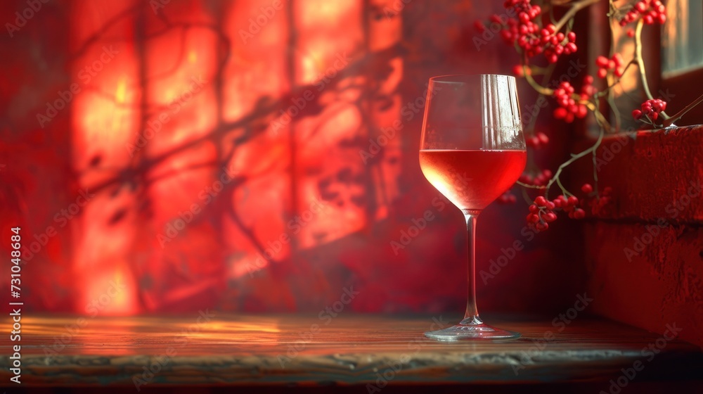 Poster a glass of wine sitting on top of a table next to a vase with red berries on it and a red wall behin