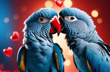 Obraz premium Big blue parrot pair tenderly kissing on a festive background. Parrots couple affectionately bonding, making out. Valentine Day animal postcard, greeting card. Bird love. Happy Valentine's Day Card