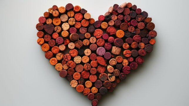 a heart - shaped arrangement of wine corks arranged in the shape of a heart on a white table top.