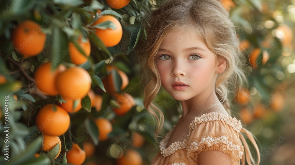 Poster a little girl that is standing in front of a tree with oranges on it and looking at the camera.