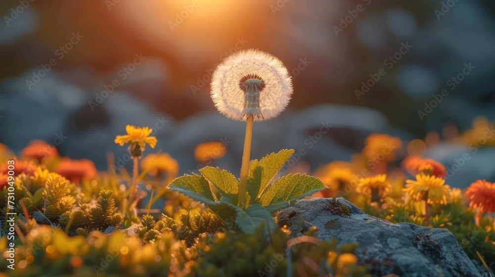 Poster a close up of a dandelion in a field of flowers with the sun shining through the clouds in the background.
