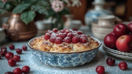 a bowl of food sitting on top of a table next to a bowl of fruit and a vase of flowers.