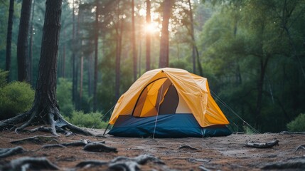 A camping tent set amidst a forest camping site, depicting a serene and peaceful scene with no people around.