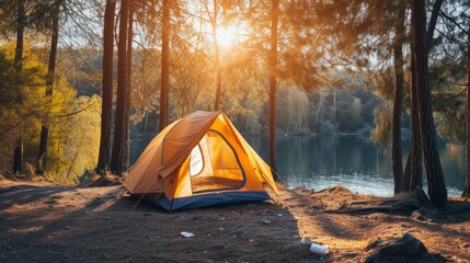 A camping tent set amidst a forest camping site, depicting a serene and peaceful scene with no people around. - obrazy, fototapety, plakaty