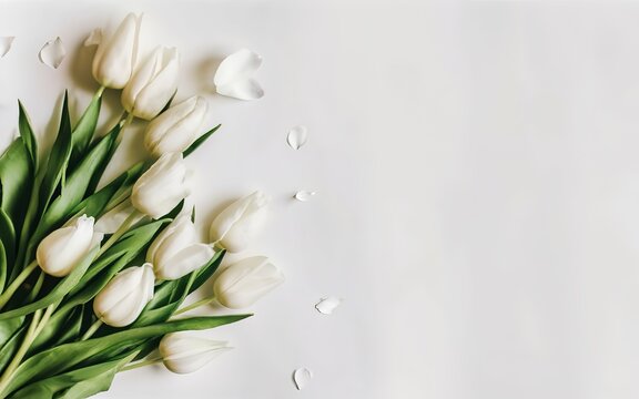 Aesthetic background frame with tender white tulips. Copy space. Invitation or greeting concept