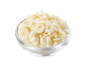 Pieces of fresh garlic in bowl isolated on white