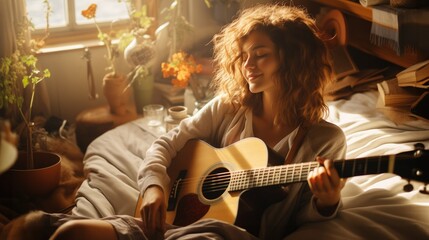 young woman playing an acoustic guitar in a cozy, sunlit room. A sense of relaxation, creativity and tranquility in a domestic setting.