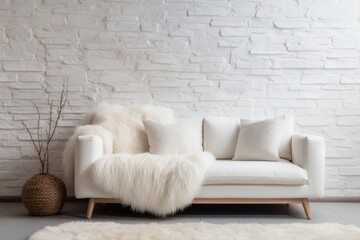 A white couch is positioned in front of a white brick wall.