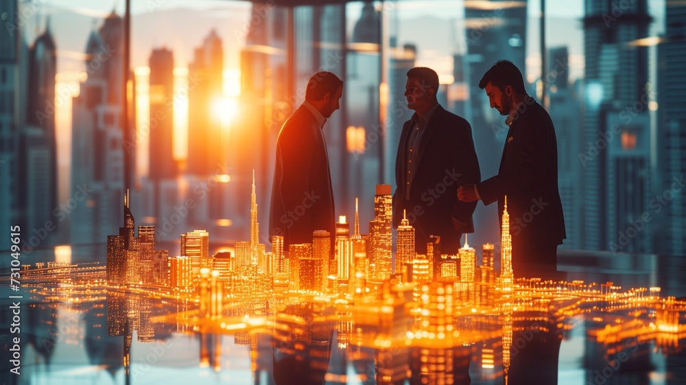 Aufkleber three men in suits are having a discussion at a reflective table displaying a holographic projection