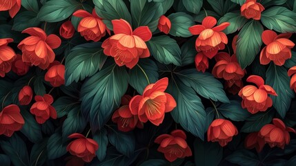 a close up of a bunch of red flowers on a green leafy plant with red and green leaves on it.