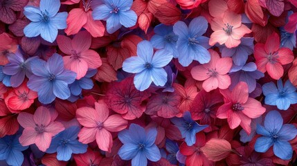 a close up of a bunch of flowers with red, blue, and pink flowers in the middle of it.