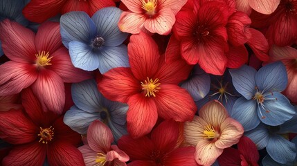 a group of red, blue, and white flowers with a yellow center surrounded by smaller red and blue flowers.