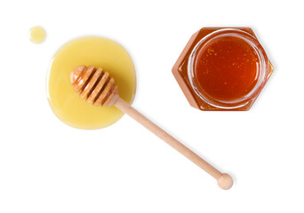 Tasty natural honey, glass jar and dipper on white background, top view