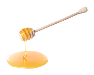 Fresh honey dripping from dipper on white background