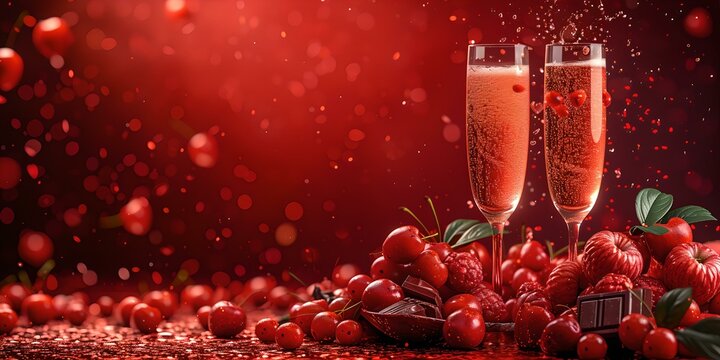 Celebratory champagne flutes amidst fresh strawberries. romantic toasting glasses, sparkling beverage, festive background. love and celebration theme. AI